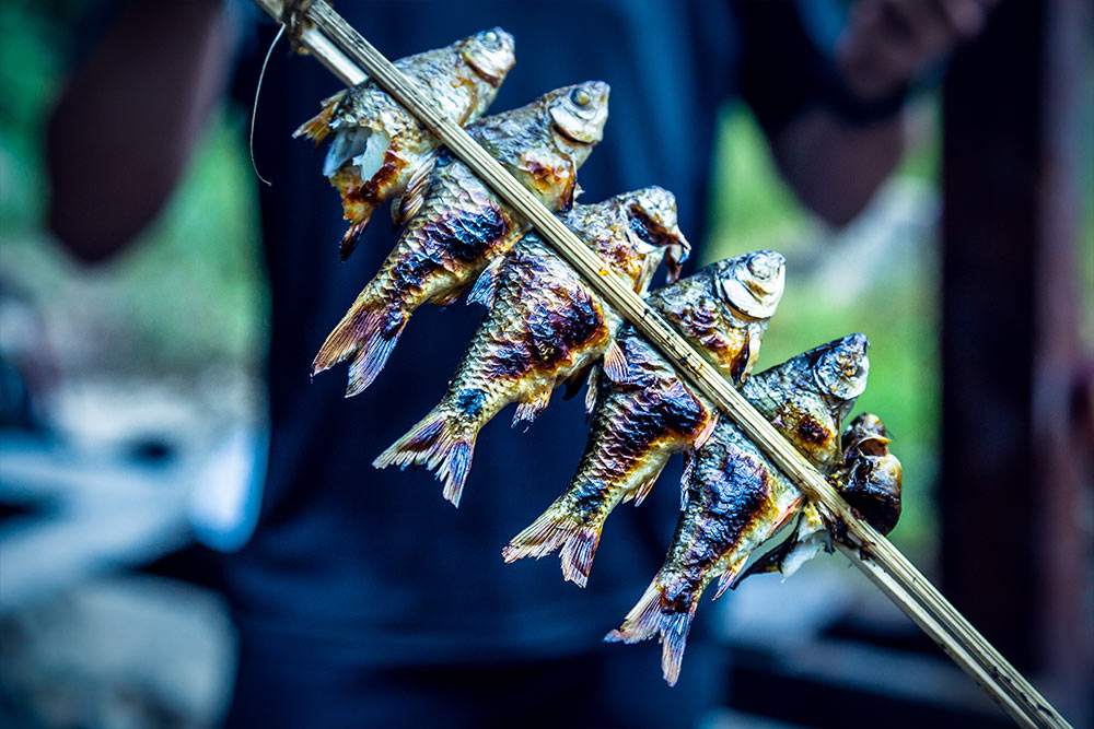 Fish cooked on a skewer in Cambodia.